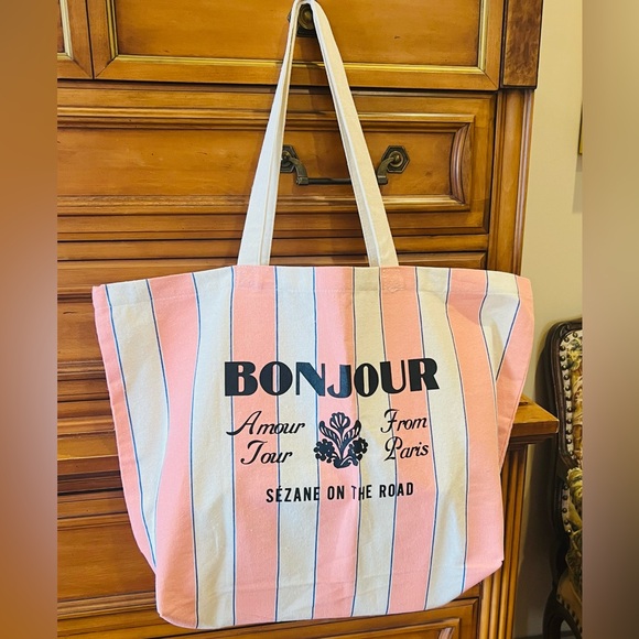 Sezane Pink Stripe Canvas Tote Bag LARGE New - Picture 3 of 4